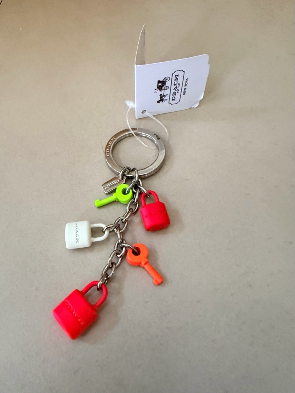 Coach Multicolor Neon Padlock & Key Charm Keyring - Picture 2 of 9